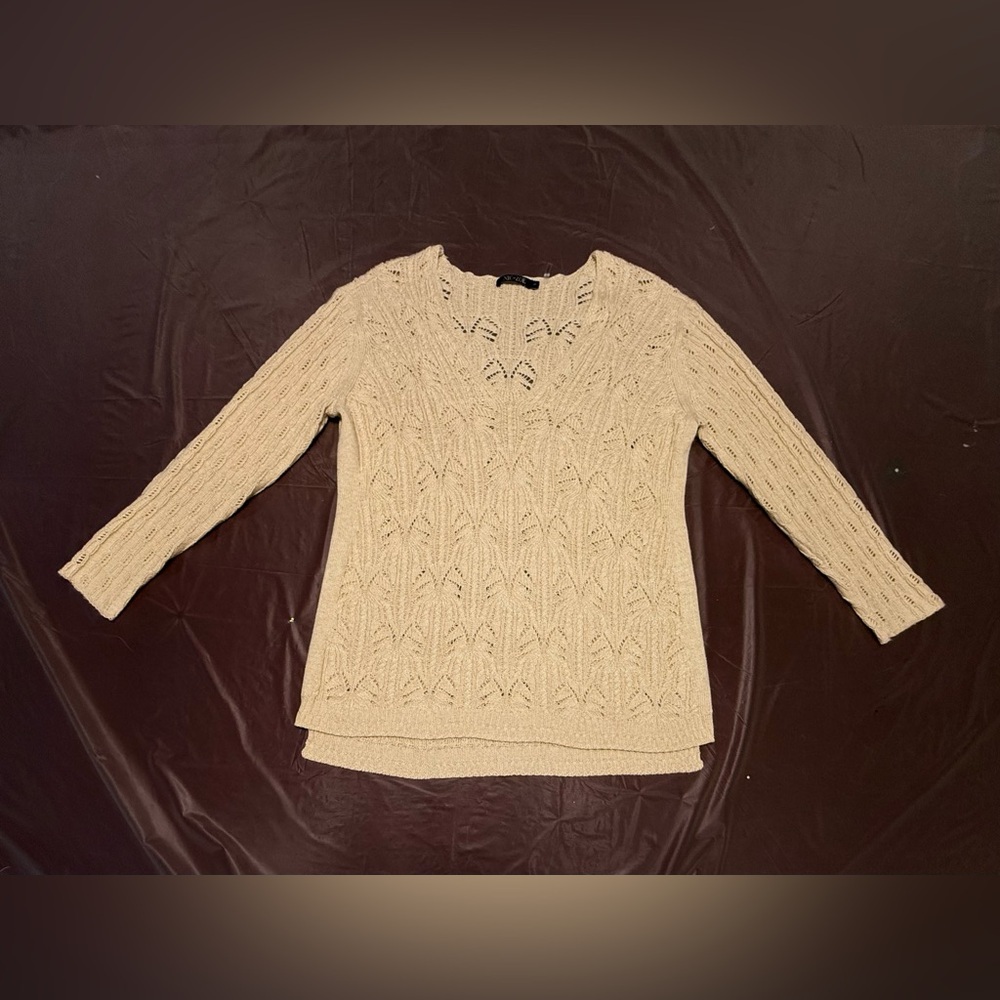 NIC+ZOE Cream V-Neck Open-weave Cable Knot Crochet 3/4 Sleeve Sweater Small - Picture 2 of 9